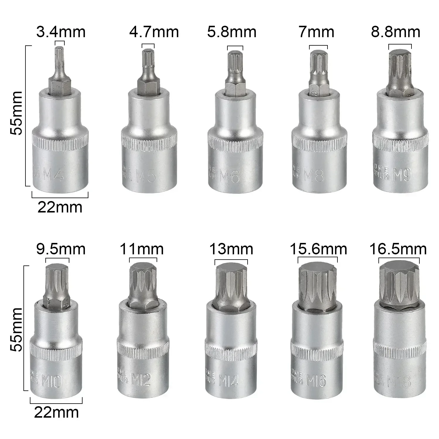 10PCS Multi-Tooth Sleeve Multi-Size 1/2inch Drive Head Sleeve Set-M18 Socket Set Socket Wrench Kit Bolt Iron Box Packed