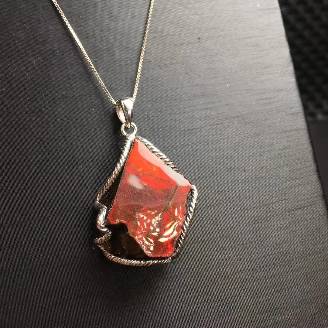 

1 Pc Fengbaowu Natural Stone Raw Rough Colorful Ammolite Pendant 925 Sterling Silver Fashion Jewelry Gift For Women Men