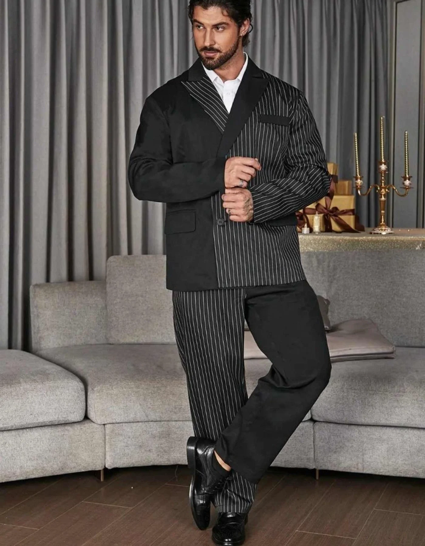 Fashion Black Grey Men's Suit for Wedding Business Striped Splicing Color 2 Piece Sets Regular Fit Streetshot Customized