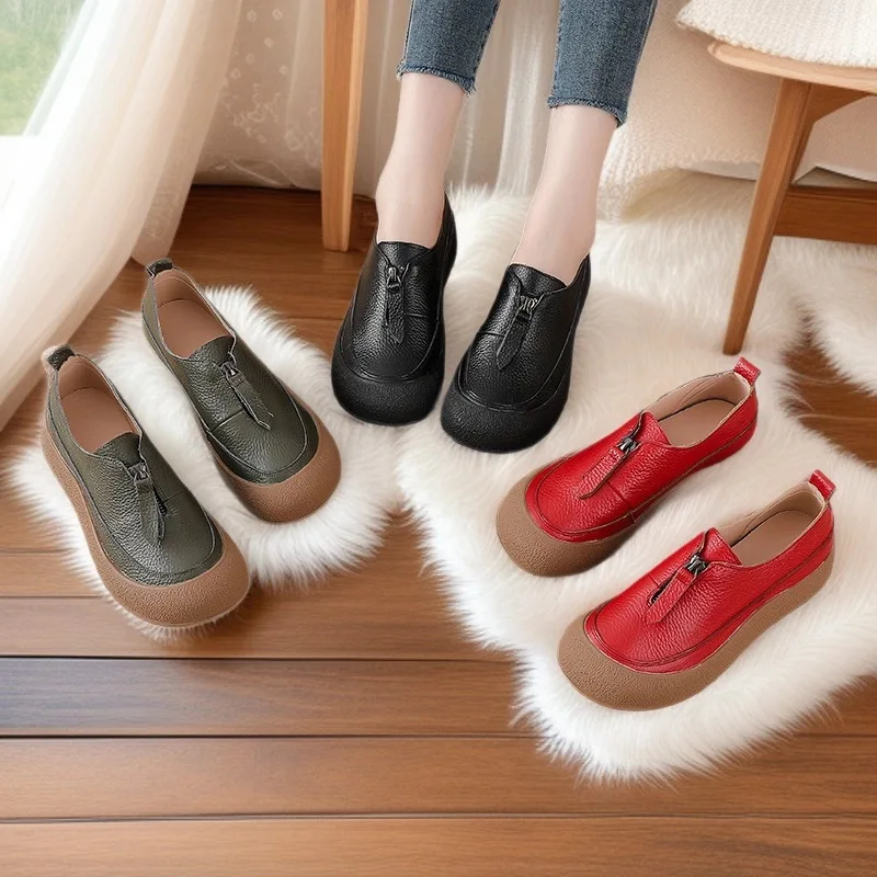ربيع جديد نمط الانزلاق على طبقة الرأس الجلود الرجعية لينة أسفل كبيرة شقة مريحة أحذية الأم الأحذية النسائية #4