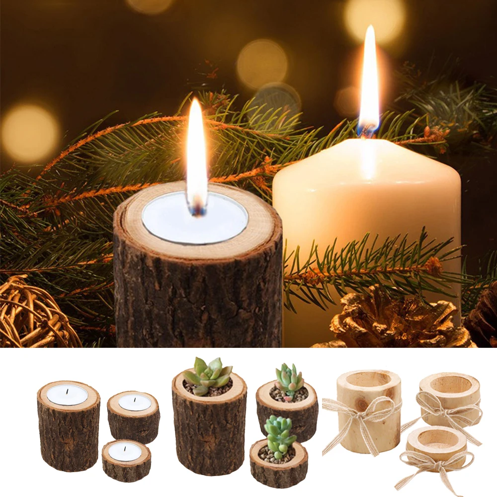 Wooden Crafts Decoration Creative Pine Candle Holder Home Decor Succulent Small Flowerpot Handmade Tea Wax Candlestick Ornament