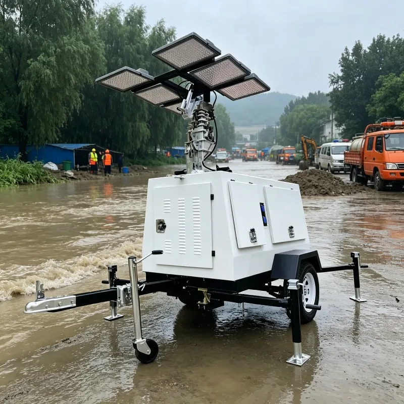 LED Mobile Lighting Tower 4x100W 4.5m Telescopic Mast Remote Control Customized Trailer