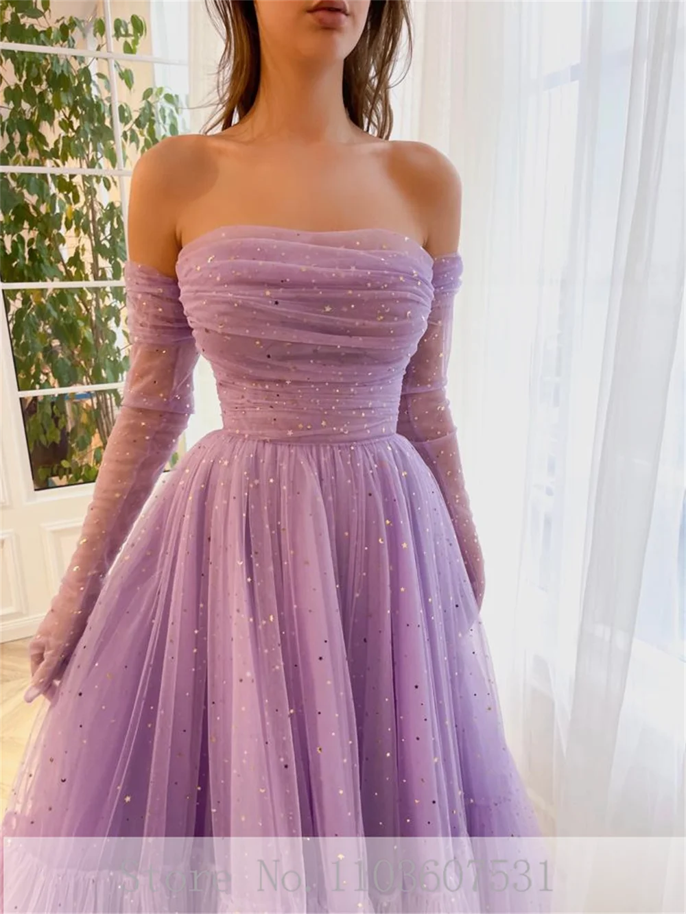 Boat Collar Strapless Pleated Tulle Sequins Prom Dress for Women Elegant A-line Tea-Length Prom Gown robe de mariée