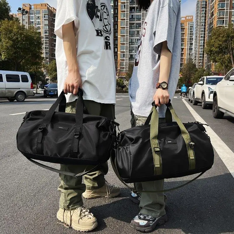

Multi-Functional Gym Sports Bag Men's Crossbody Travel Storage Bag Cylinder Bucket Bag Leisure Soft Nylon Pure Color Backpack