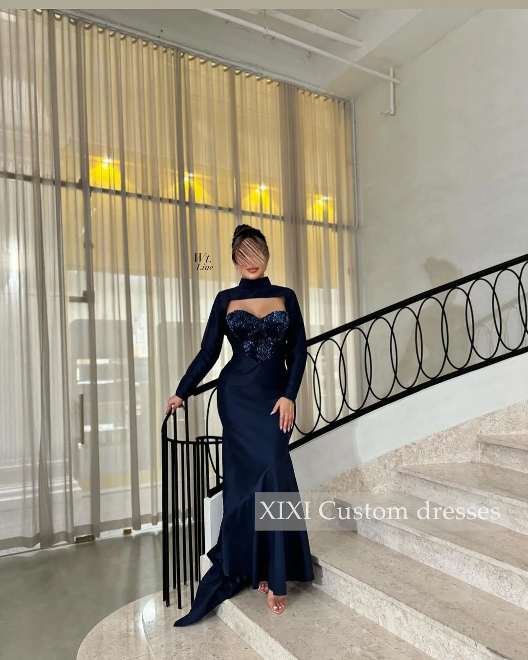 XIXI Evening Dress Customize Mermaid Halter Floor-Length Sequins Long Sleeves Zipper Up Formal Occasion Dresses Party Dresses