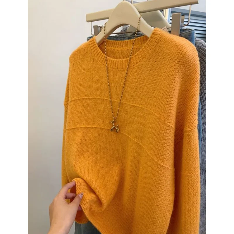 Women's Clothing Korean Orange Knitting Sweater Round neck Long Sleeves Vintage Casual Korean Fashion Baggy Ladies Spring Tops