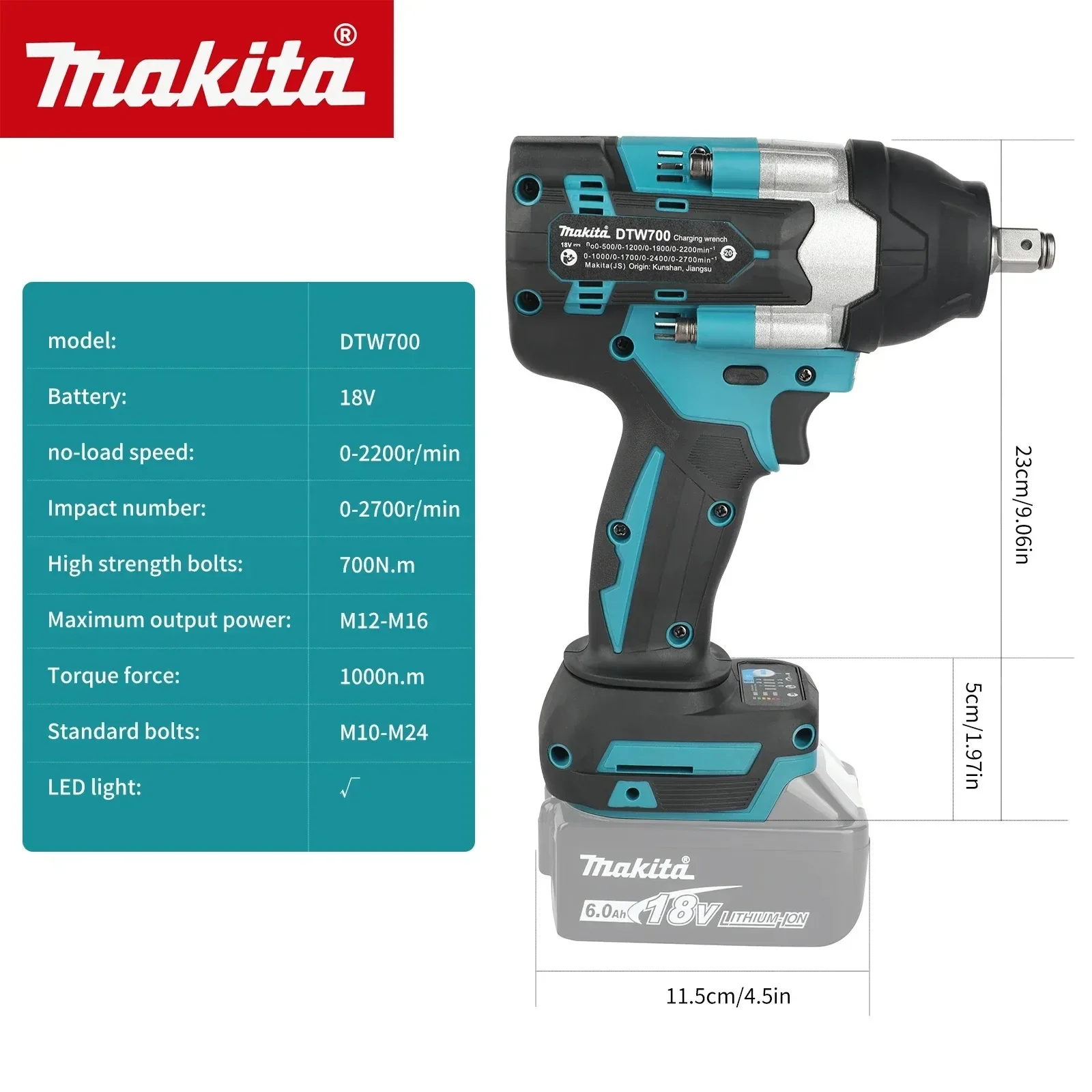 Makita DTW700 Cordless Drill Screwdriver Rechargeable Electric Torque Wrench Brushless High Torque Tools - view 3