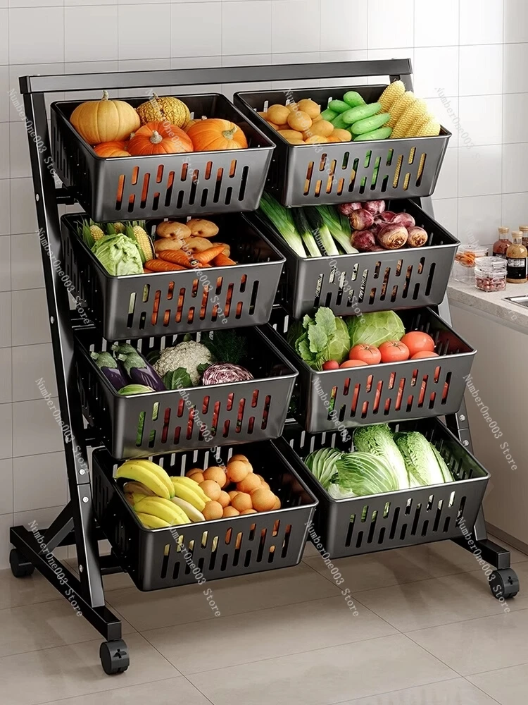 

Kitchen Basket Storage Rack Multi-Layer Floor Movable Fruit Vegetable Storage Household Multi-Functional Trolley