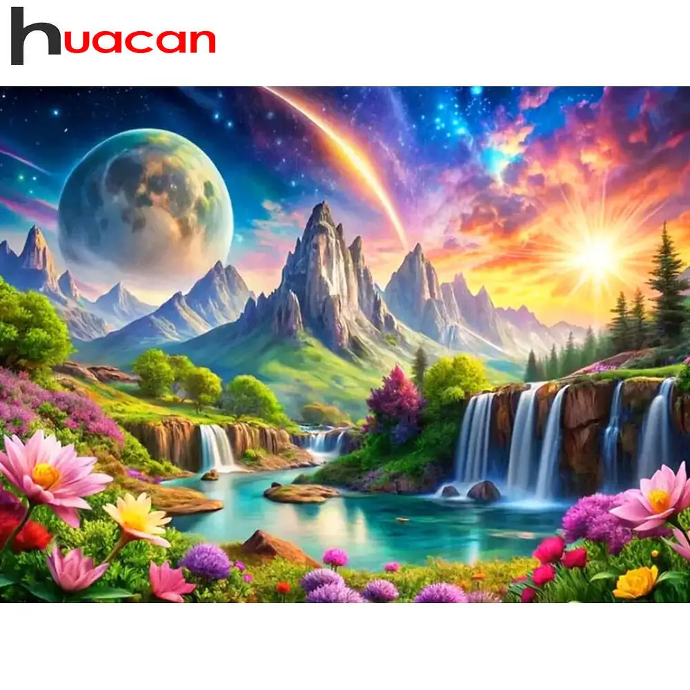Huacan Full Square Round Diamond Painting Waterfall DIY Diamond Mosaic Landscape Home Decorative Paintings