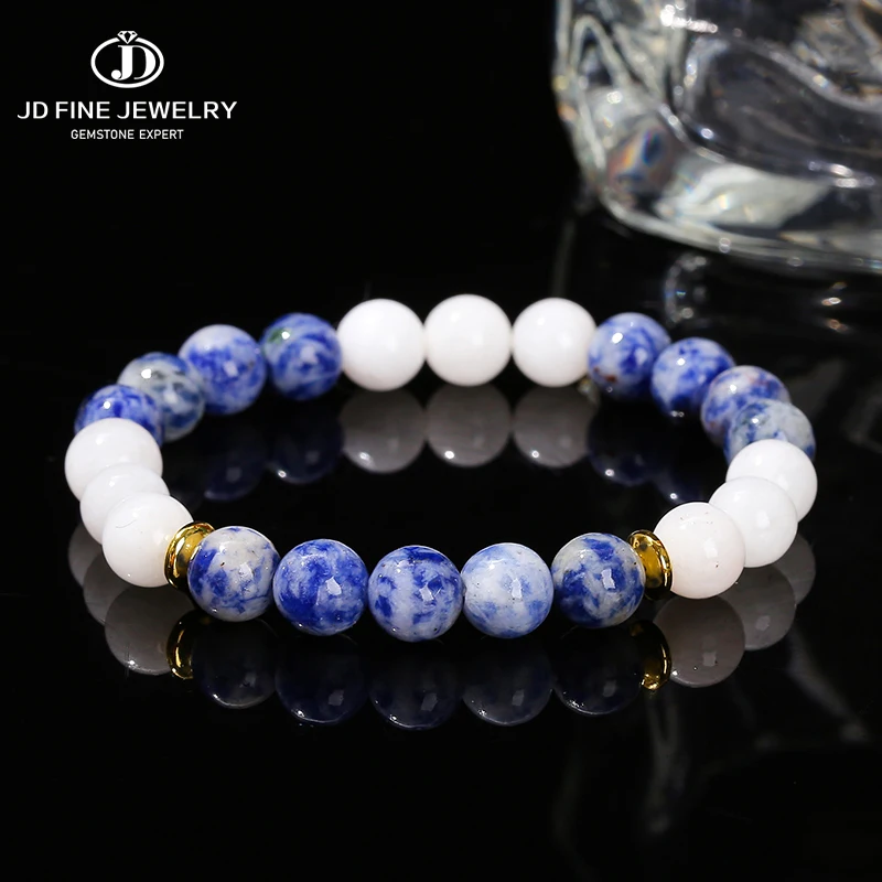 JD Natural Blue Dots Stone White Chalcedony Mixed Bracelets Women Fashion Personality Design Simple Temperament Stretch Bracelet
