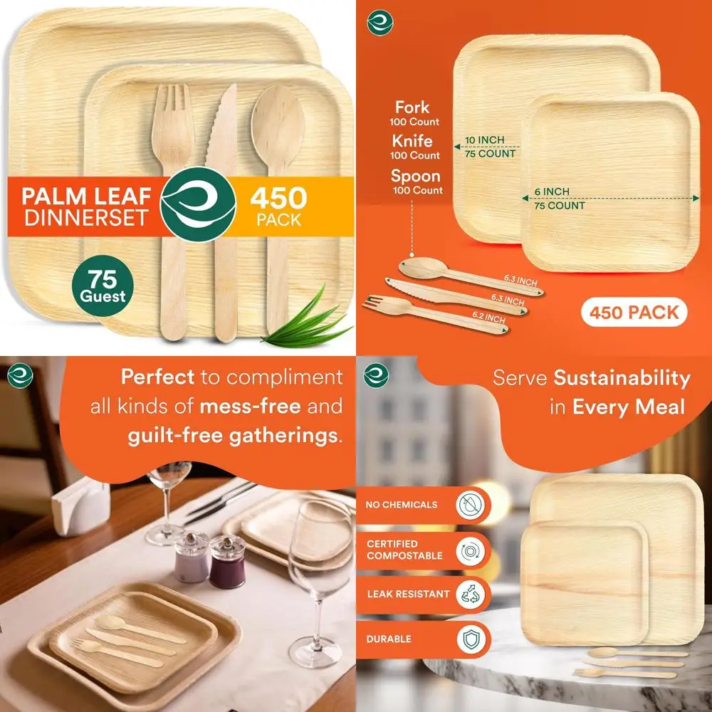 

Набор одноразовой посуды из 100% биоразлагаемых пальмовых листьев – 75 предметов: 10 квадратных тарелок и 6 квадратных тарелок большего размера | Экологичные одноразовые столовые приборы для свадеб и вечеринок