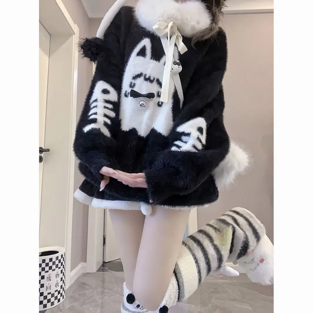 Gagaok Sweet Cute Ghost Cat Imitation Mink Fur Knitted Sweater Women Round Neck Long Sleeve Warm Top Casual Black Pullover