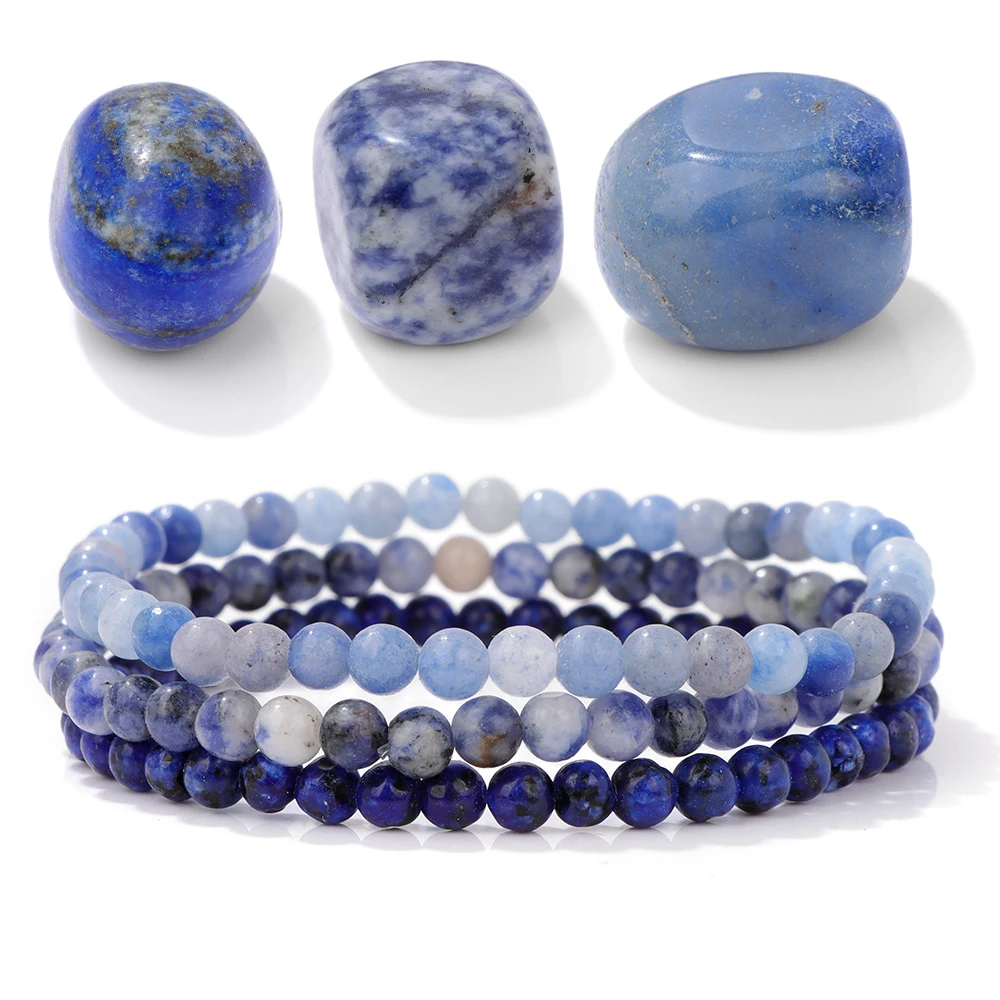 

Hot 3pcs Lapis Lazuli Beaded Bracelets With Natural Stone Blue Aventurine Sodalite Quartzs 4mm Beads Bracelet Set For Women Men