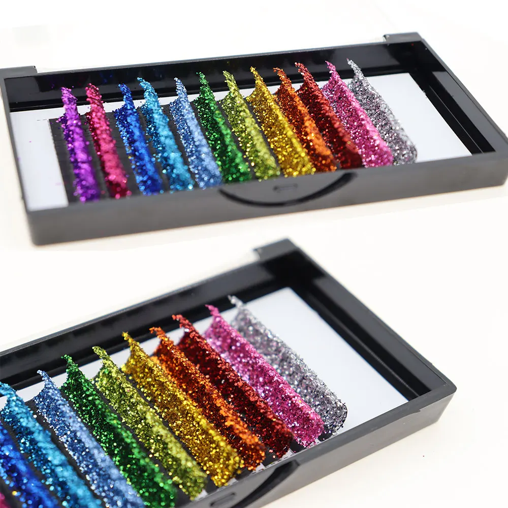 Modische Glitzer-Wimpernverlängerungen, Kristall, bunt, individuelle falsche Wimpern, Mischungsfarben, glänzendes russisches Volumen, professionelle Wimpern – Detail 2
