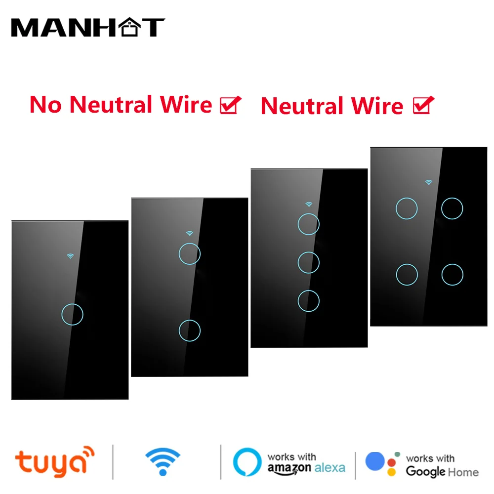 

Tuya US WiFi Smart Light Switch Neutral Wire/No Neutral Wire Required 1 2 3 4 Gang Wall Touch Switch Work with Alexa,Google Home