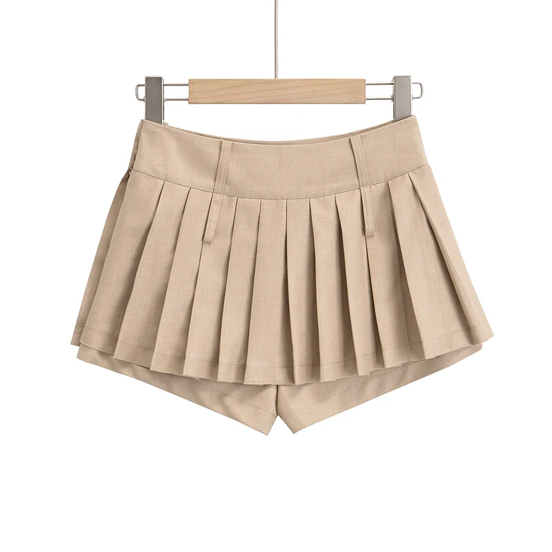 High Waist Short Pants Splice  Skirt Women's Vintage Double Hole Slit Pleated Skirt A-Line Half Body Skirt Street Style