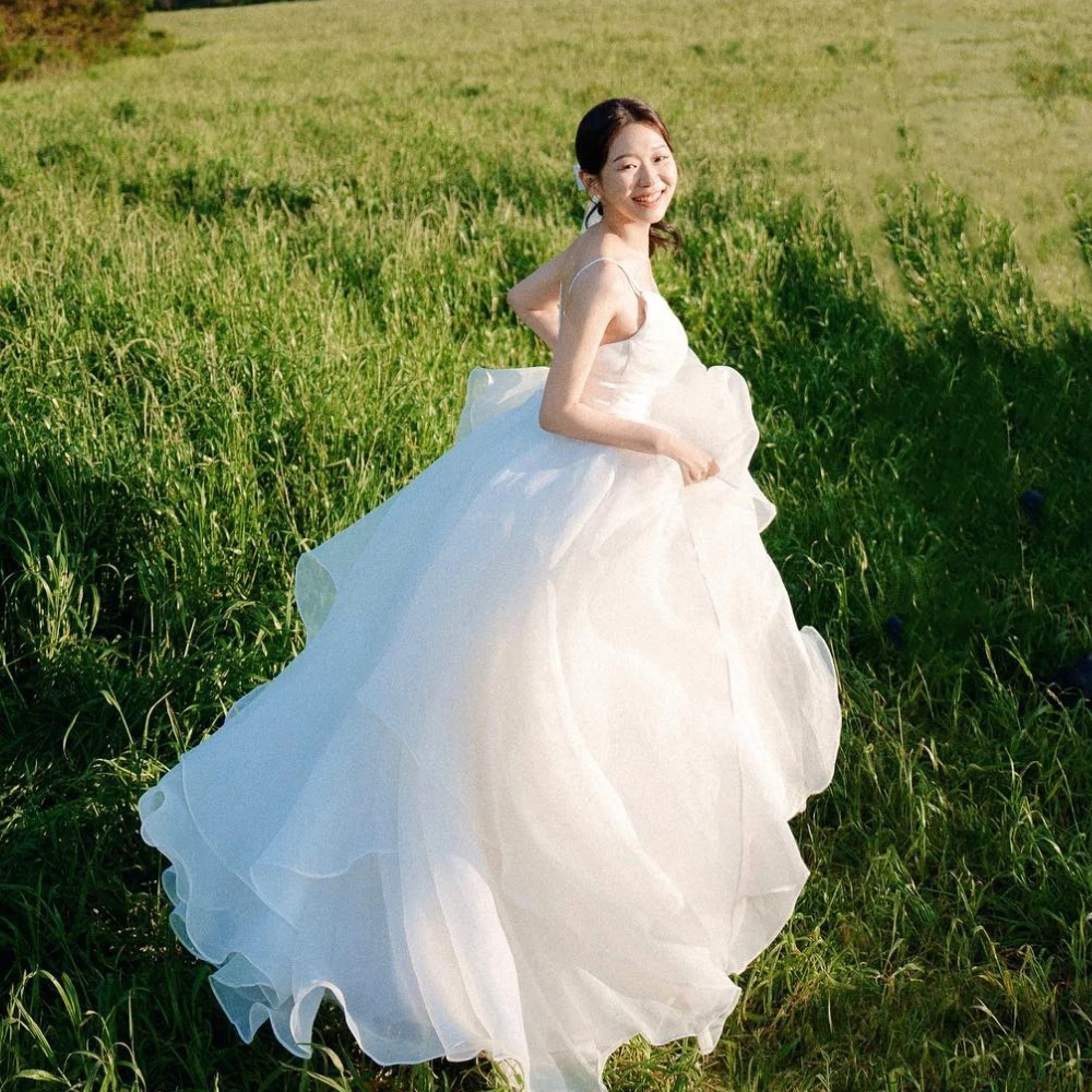 Korea Eenvoudige Elegante Spaghettibandje Baljurk Trouwfeest Vloerlengte Rokken Organza Avondjurken