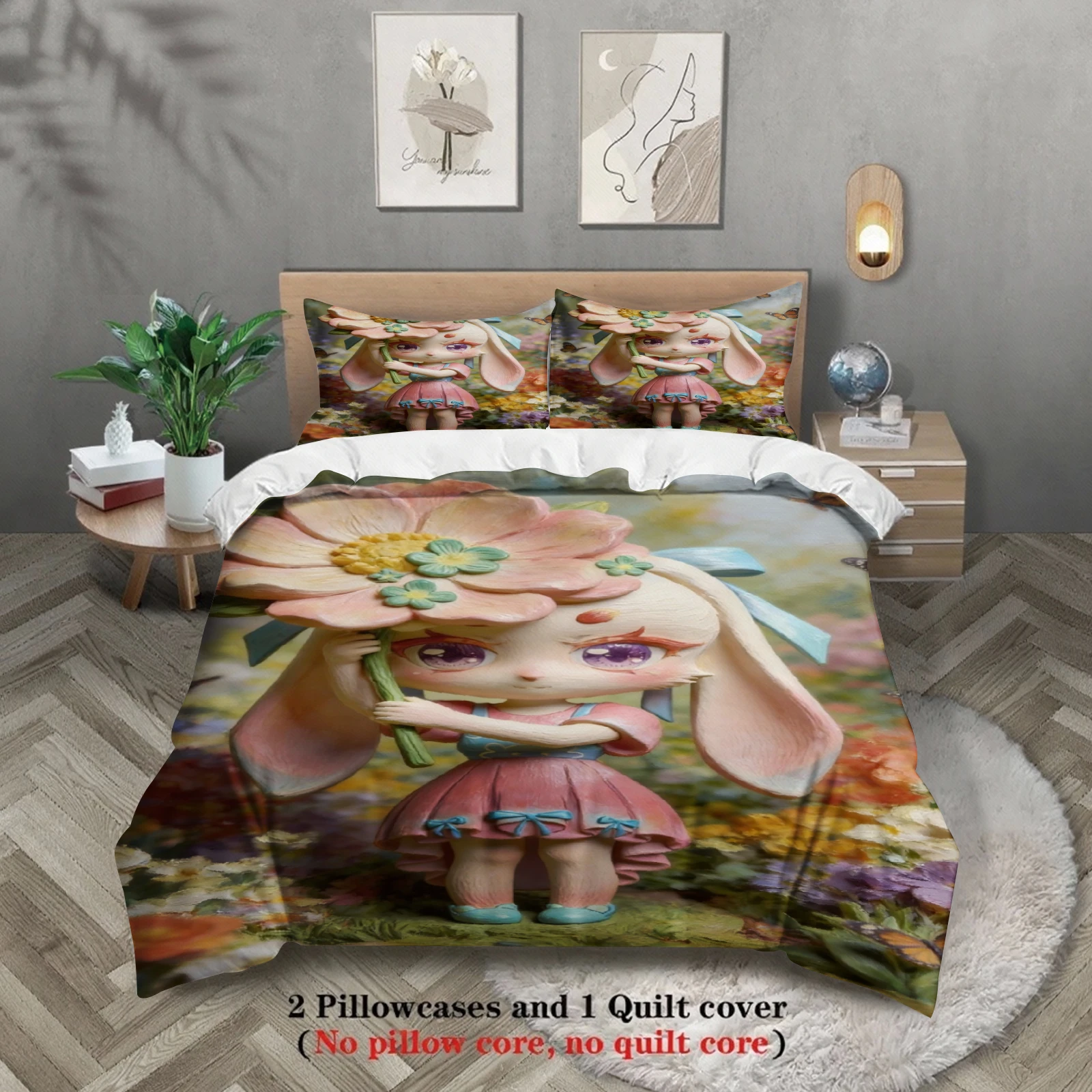 

Комплект постельного белья Softville Cozy Town из 3 предметов: пододеяльник с изображением кролика, машущего лапкой, и цветочным принтом, без наполнителя, в мультяшном стиле, размеры Queen и King