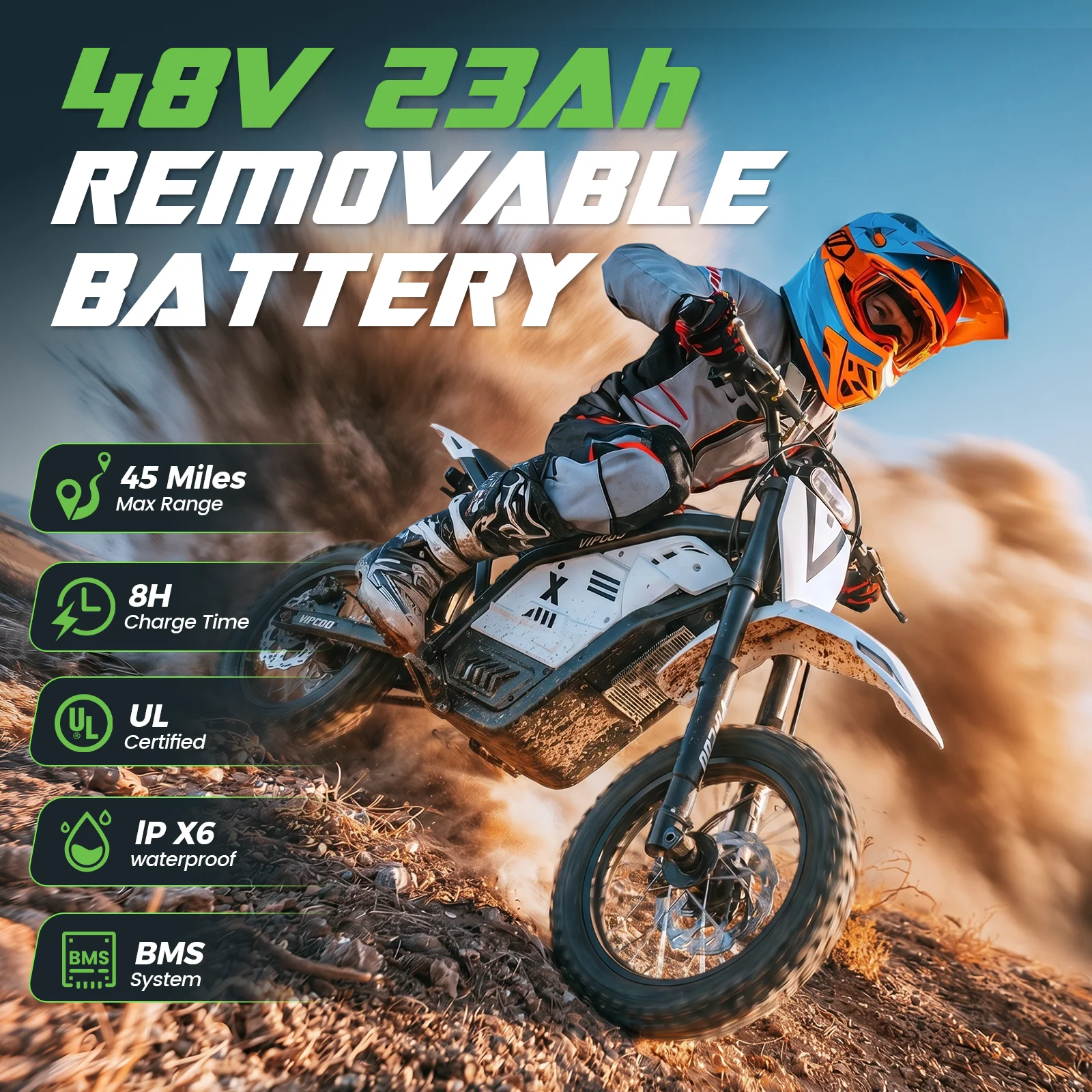 VIPCOO Electric Motorcycle 3500W 48V 23AH, 12/14 Inch Fat Tire Electric Bike for Adults and Teenagers, High Performance Off Road E-Bike, Electric Dirt Bike with Long Range Lithium Battery for Trail Riding, Outdoor Adventure and Street Travel