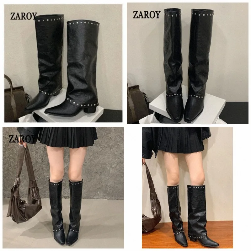 ZAROY Modern Woman Knee-High Boots Autumn Winter Warm Shoes Cosy Block Heels Pointed Toe Rivet Punk Western Long Trousers Botas