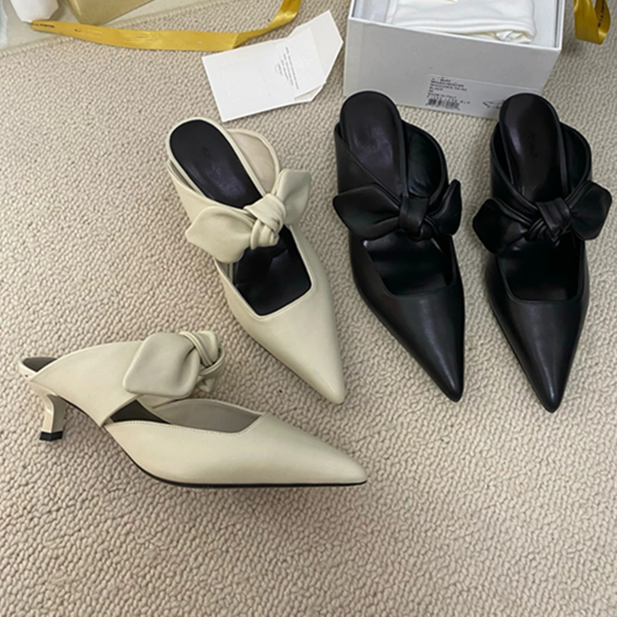 

Jenny&Dave Minimalist Genuine Leather Bow Mule Slippers Shoes French Fashion Office Ladies Point Toe Elegant Heel Sandals Shoes