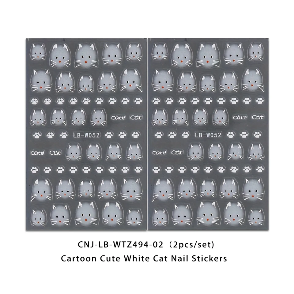 2 piezas de calcomanías de uñas de gato blanco lindo, fáciles de aplicar para decoración de uñas, DIY, regalos, fiestas y maquillaje de bodas 2