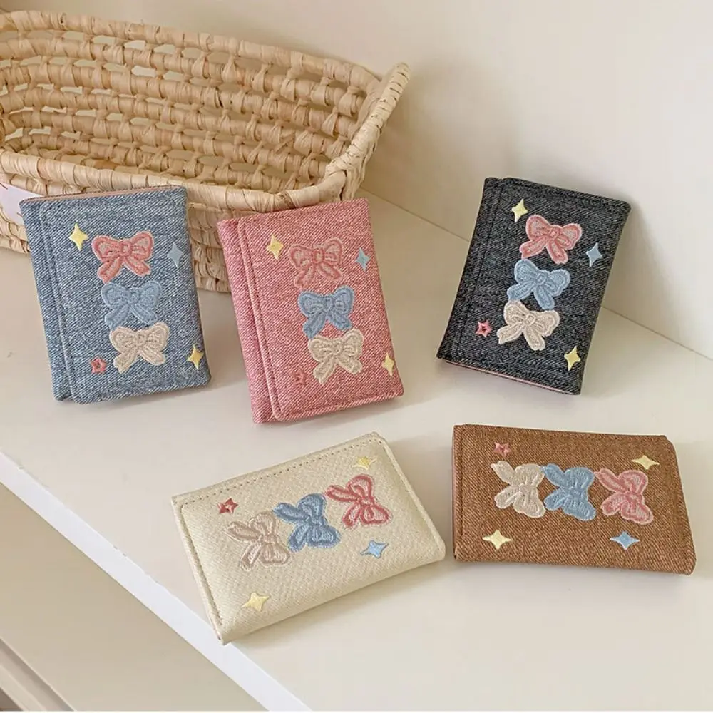 Card Pouch Portable Embroidered Bow Wallet Embroidery Cute Denim Coin Purse Multiple Card PU Leather Three Fold Wallet Women