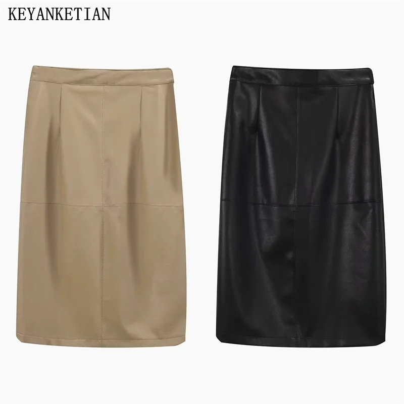 KEYANKETIAN 2024 New Women's Artificial Leather Skirt Autumn/Winter Zipper High waist Side Split Hip wrap Ankle-Length Skirt