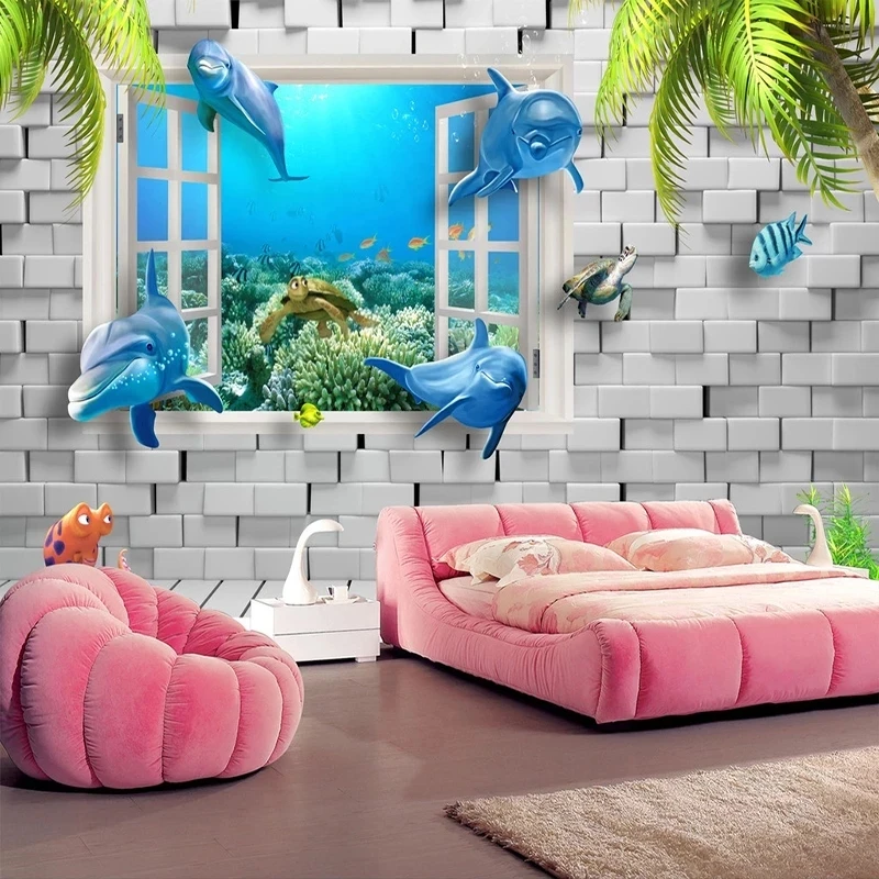 Custom Dolphin Underwater World 3D Window Children Room Bedroom Mural Wallpaper Living room sofa TV background wall restaurant