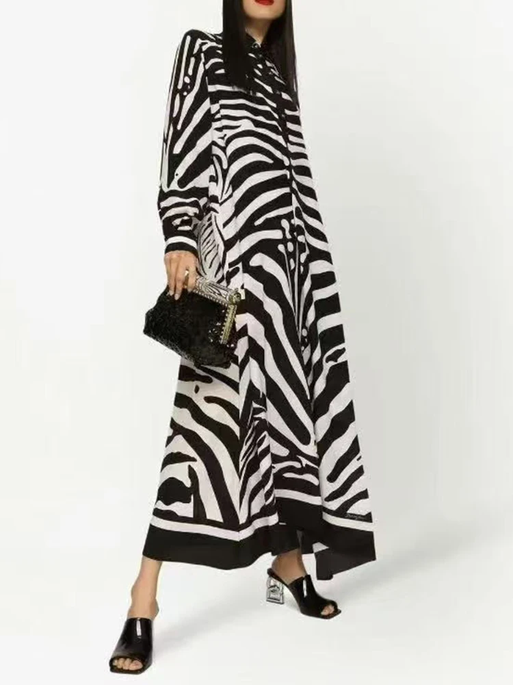 2025 herfst dames bladerdeegrok retro zebrapatroon bedrukte kraag lange jurk modieuze losse shirtrok met lange mouwen
