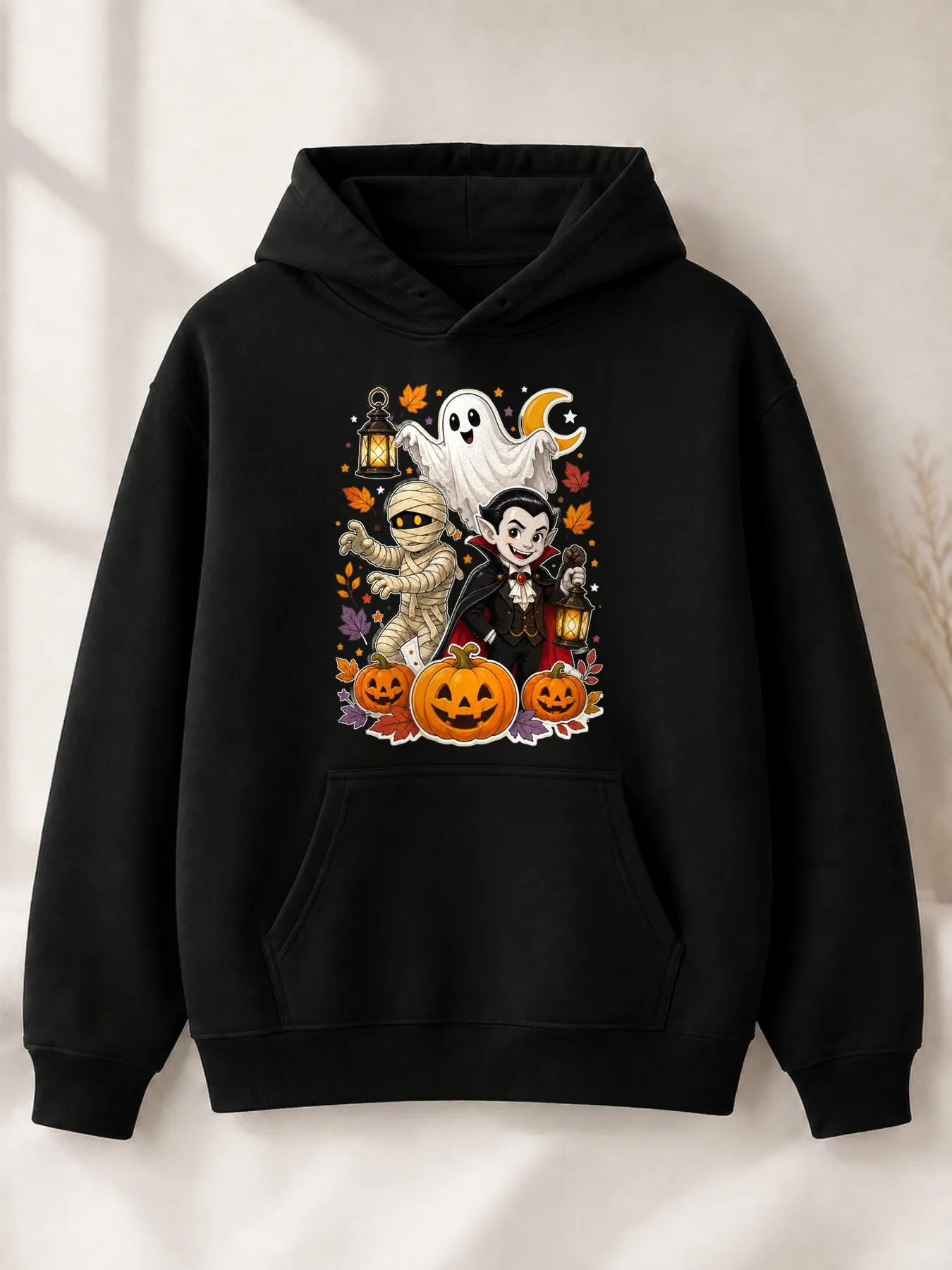 Cute Cartoon Style Men's Hoodie, Halloween Vampire Mummy Ghost Pumpkin Pattern, Autumn Festival Party Outfit, Men's Gift