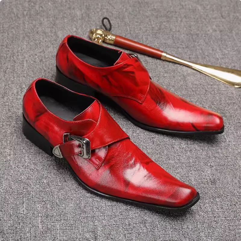 Fashion Genuine Leather Metal Buckle Men's Dress Shoes Formal Wedding Office Man Black Pointed Toe Business Luxury Shoes 38-47