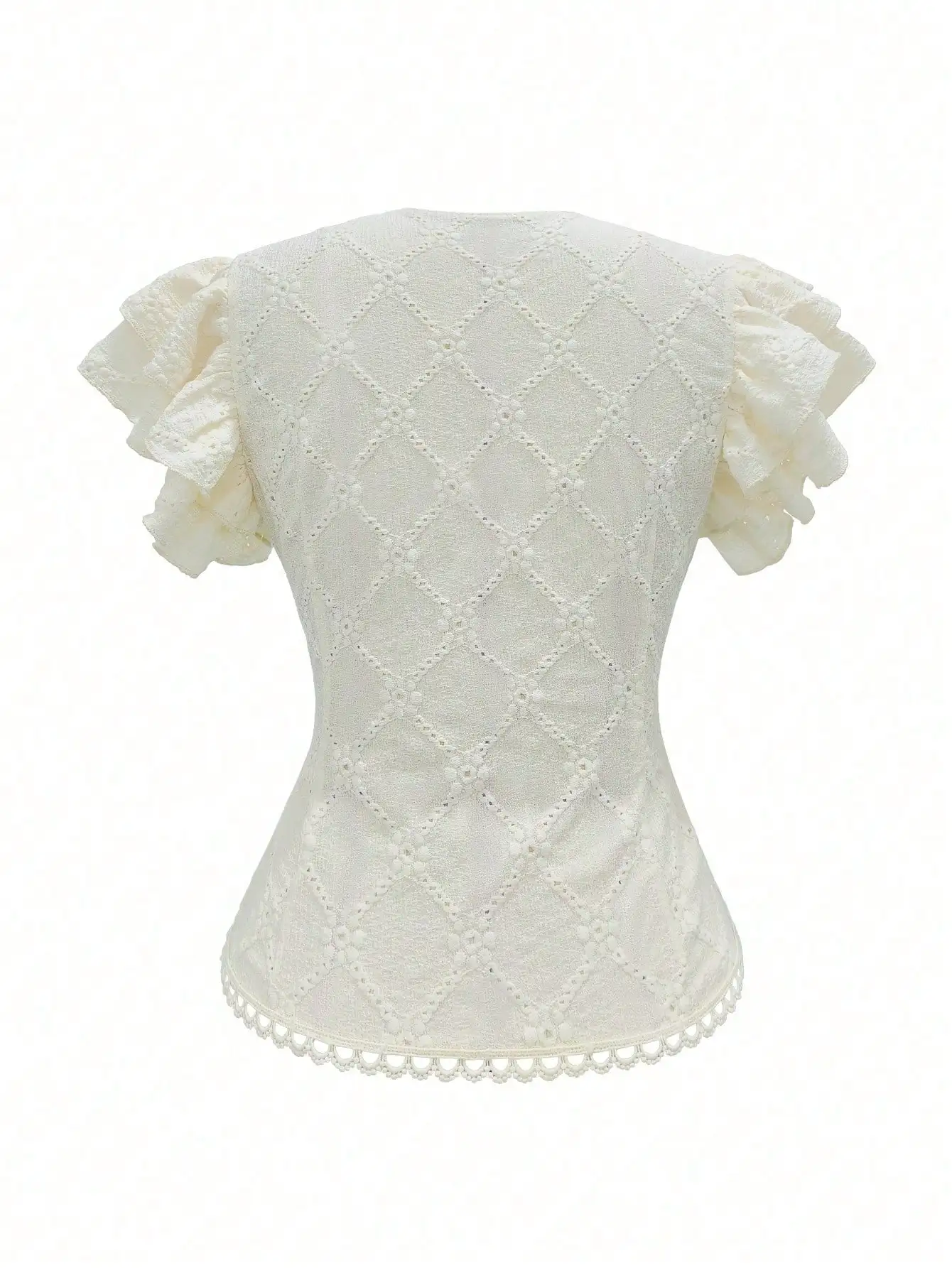 

Elegant Floral Textured Lace Ruffle Sleeve Slim Fit Women T-Shirt