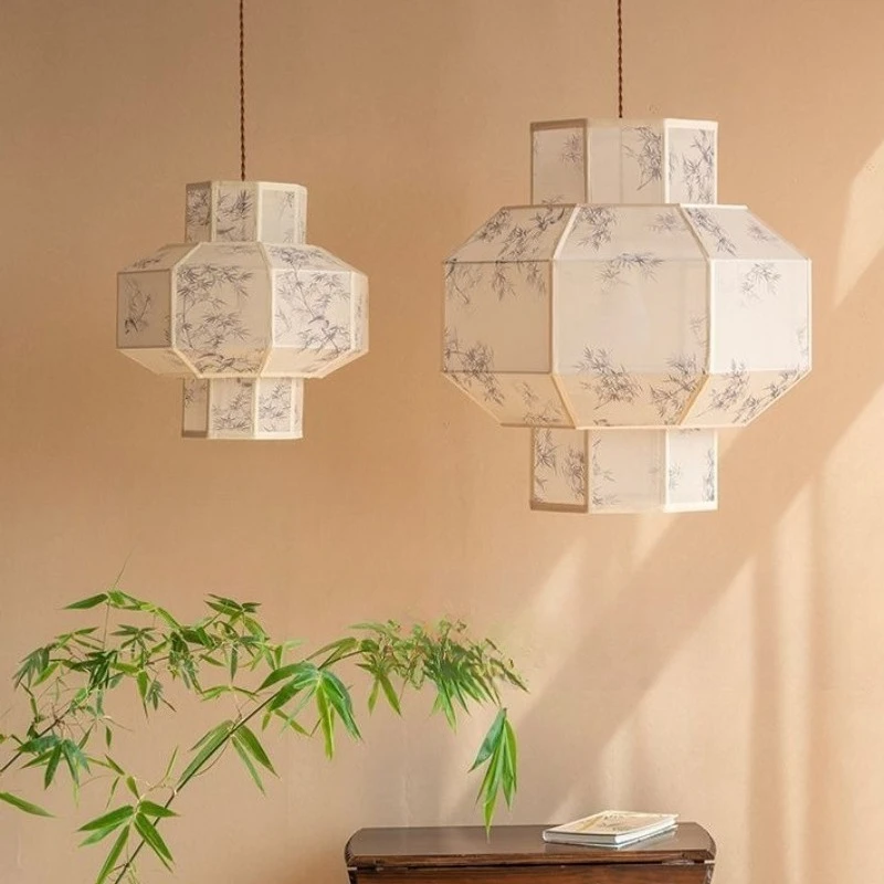 Nordic retro court lantern restaurant chandelier living room tea room fabric decorative lamps home decor chandeliers New Chinese