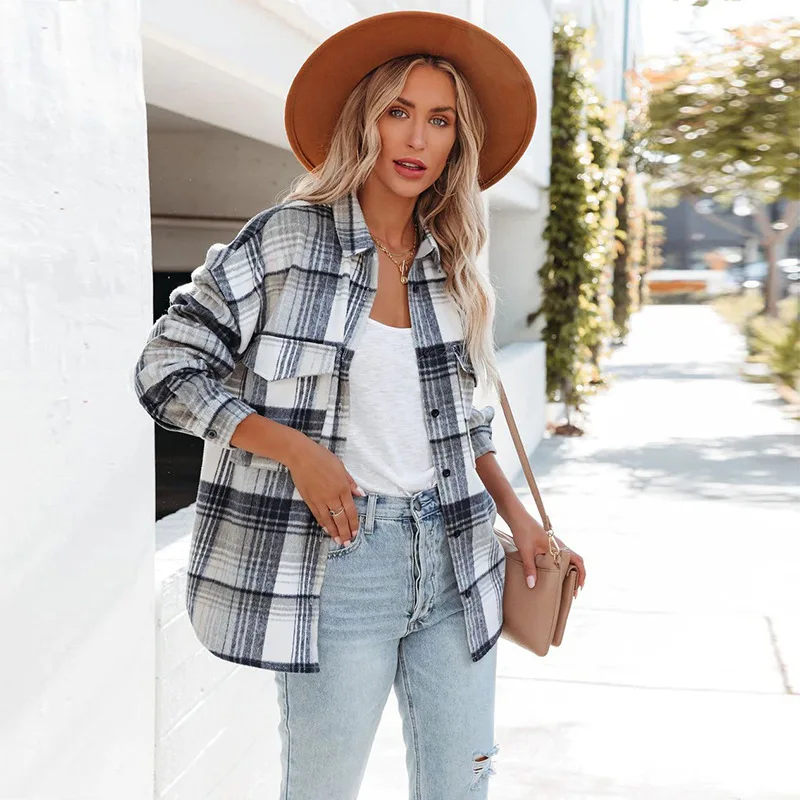 

Women's Casual Plaid Woolen Coat Lapel Button Detail Autumn Winter Fashion Outerwear for European And American Markets