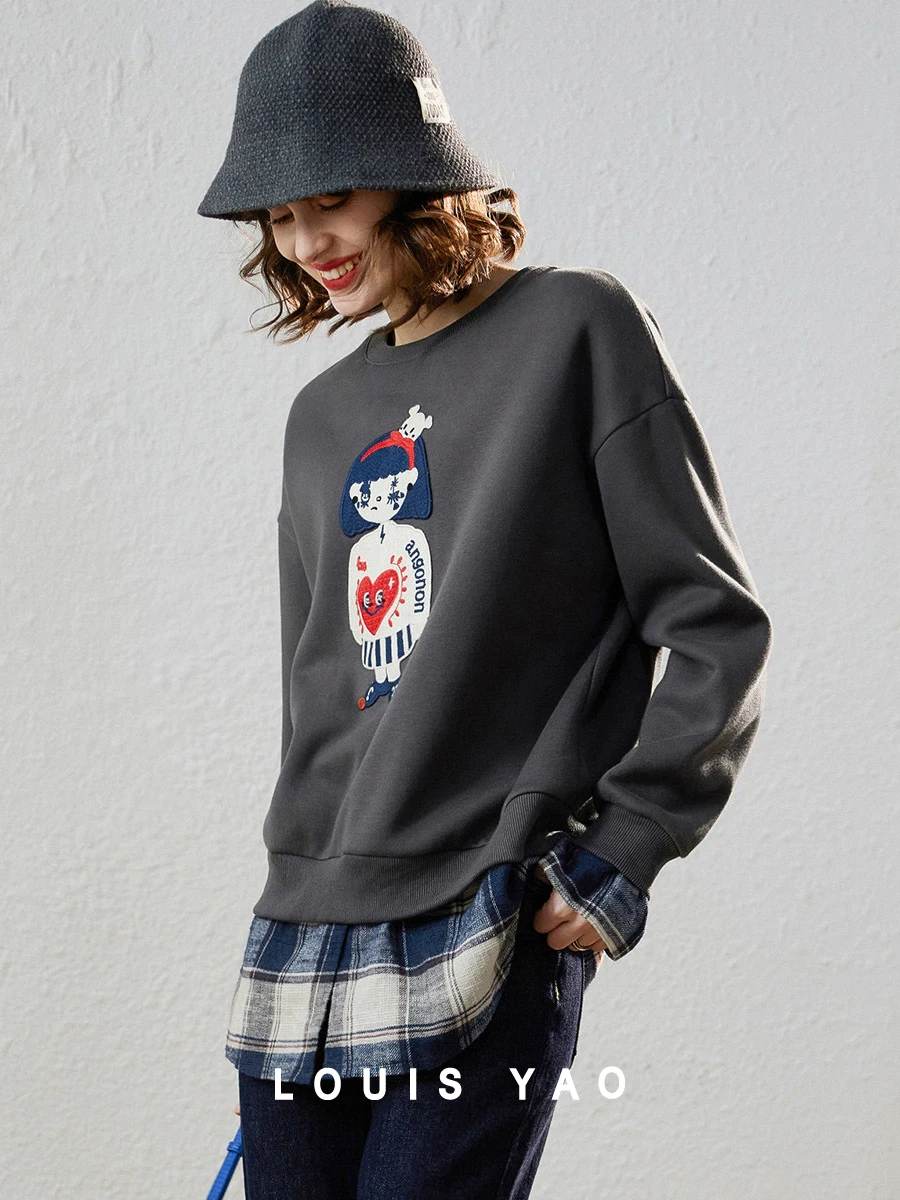 LOUIS YAO Women Hoodies Sweatshirt 2023 Winter Thick Round Neck Long Sleeve Fake Two Pieces Patchwork Checkered Pattern Top