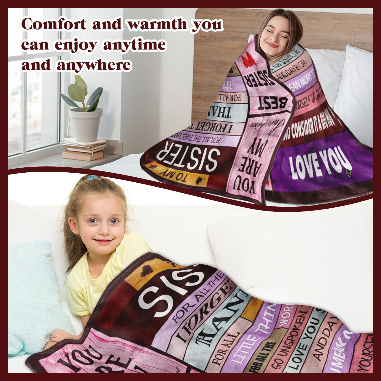 بطانية الأخت، قطعة واحدة من بطانية الرسم والشعار والشعار، من الفلانيل على الوجهين، هدايا الأخت الناعمة، هدايا عيد ميلاد الأخت.