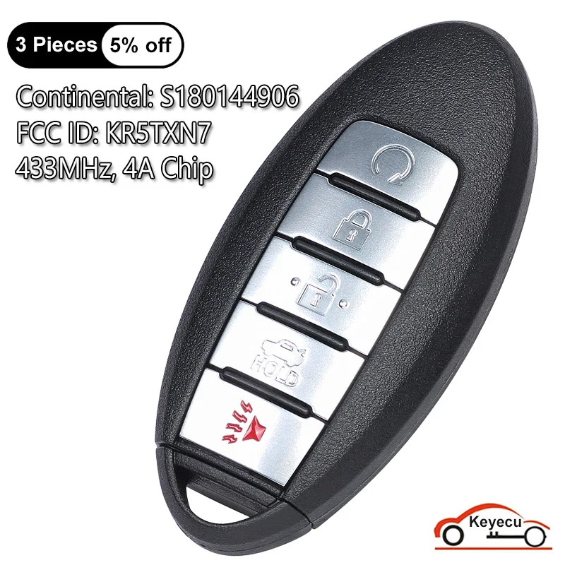 

KEYECU 5 Buttons 433MHz 4A Chip for Nissan Maxima 2019 2020 2021 Auto Smart Remote Control Key Fob S180144906 FCC ID: KR5TXN7