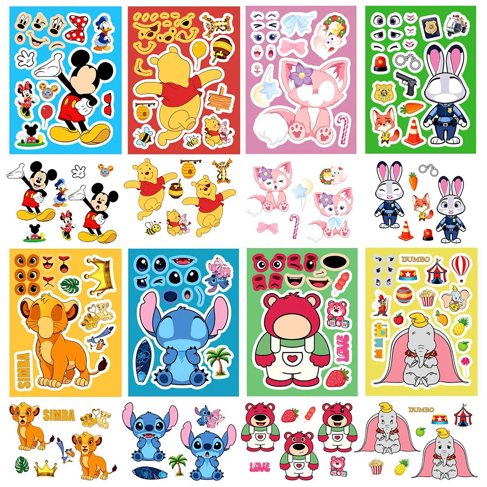 

8/16sheets Disney Anime Characters Puzzle Stickers Cute Cartoon Stitch Mickey Mouse Make a Face DIY Assemble Jigsaw Decals Toys
