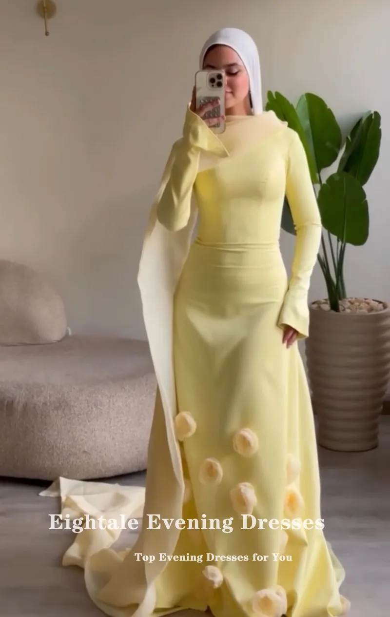 Eightale 아랍어 이브닝 드레스 오-넥 댄스 파티 드레스 맞춤형 새틴 3D 꽃 노란색 웨딩 파티 드레스 인어 로브 드 Soirée