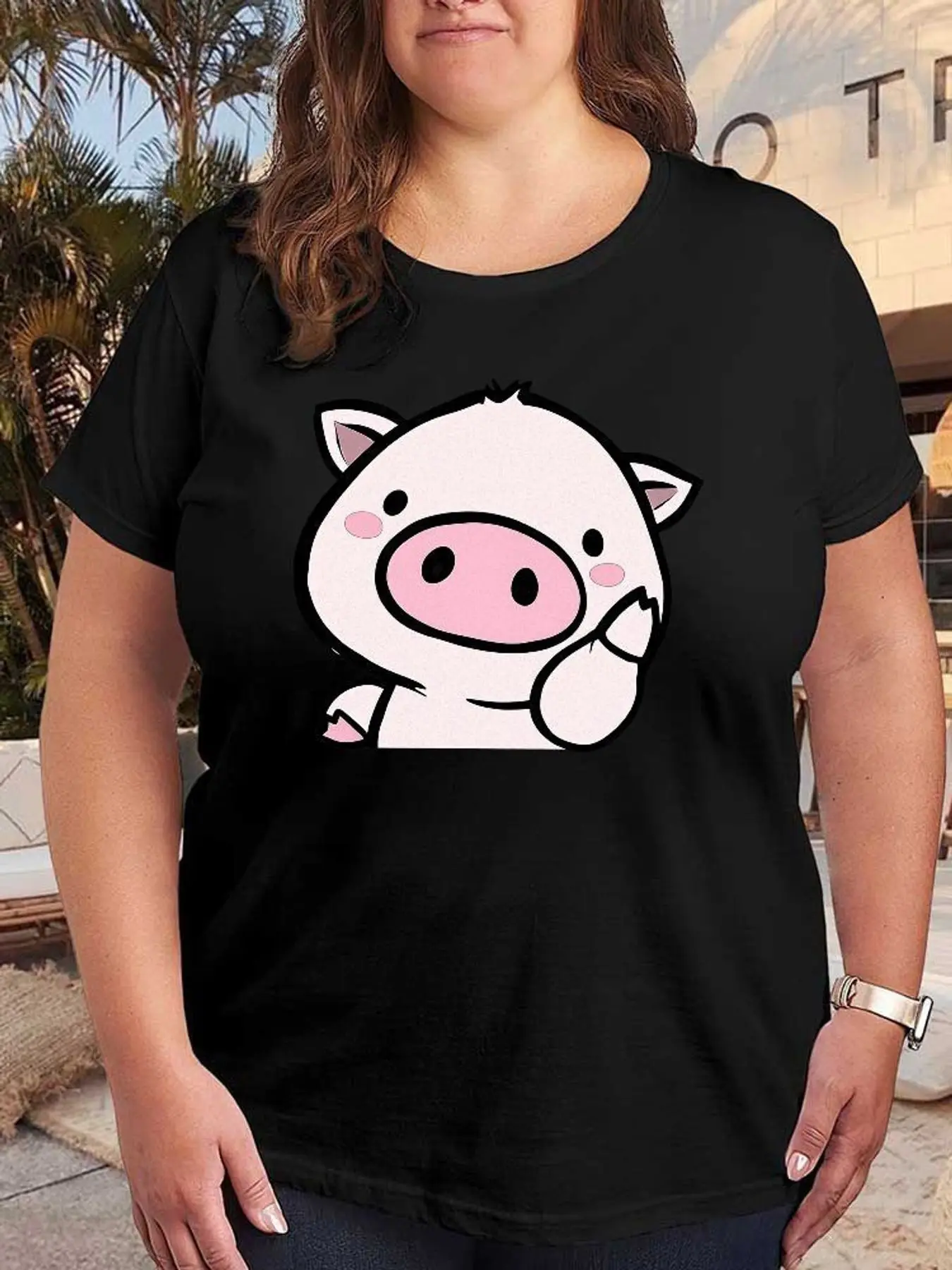 Cute Piggy Cartoon Graphic T Shirt Women Fashion Stretchy Plus Size Short Sleeve Kawaii Animal Print Summer Casual Soft Tee Tops