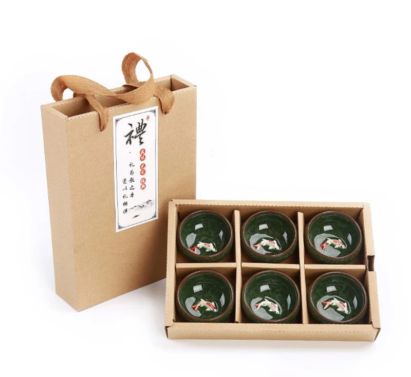 Gift Package 6pcs 3D Golden Fish China tea cup set,Kung Fu Tea Set Crackle Glaze Travel Tea Bowl Chinese Teacup Sets view 3