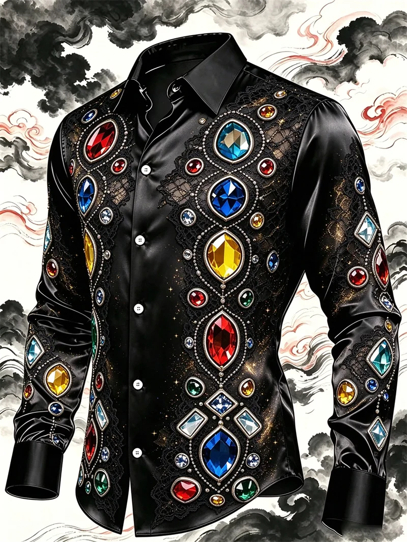 New men's shirt with purple black satin, gemstone chain decoration, printed black collar, slim fit shirt