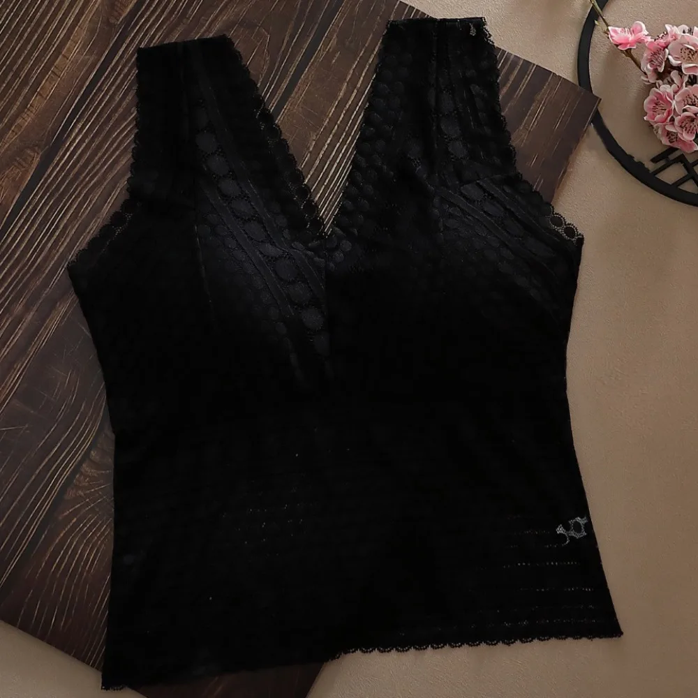 

Simple Mesh Transparent Lace Camisole with Pads Deep V Sweet Lace Crop Tops Sleeveless Undershirt Suspender Vest Women