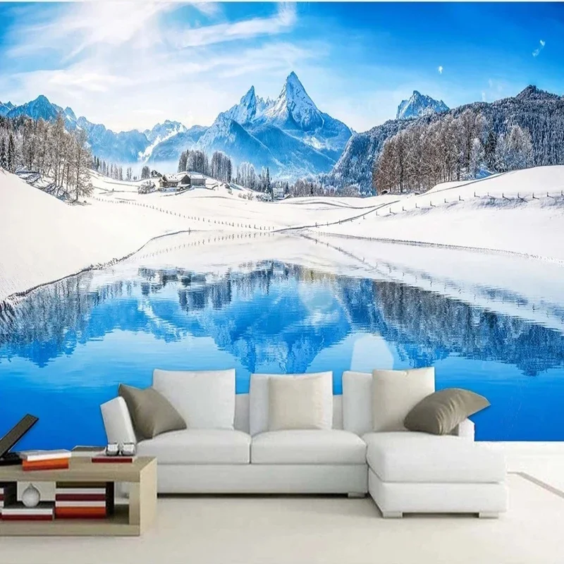 Custom Blue Beautiful Snow Mountain Scenery Photo Mural Living Room TV Sofa Study Background Wall Paper For Wall Papel De Parede