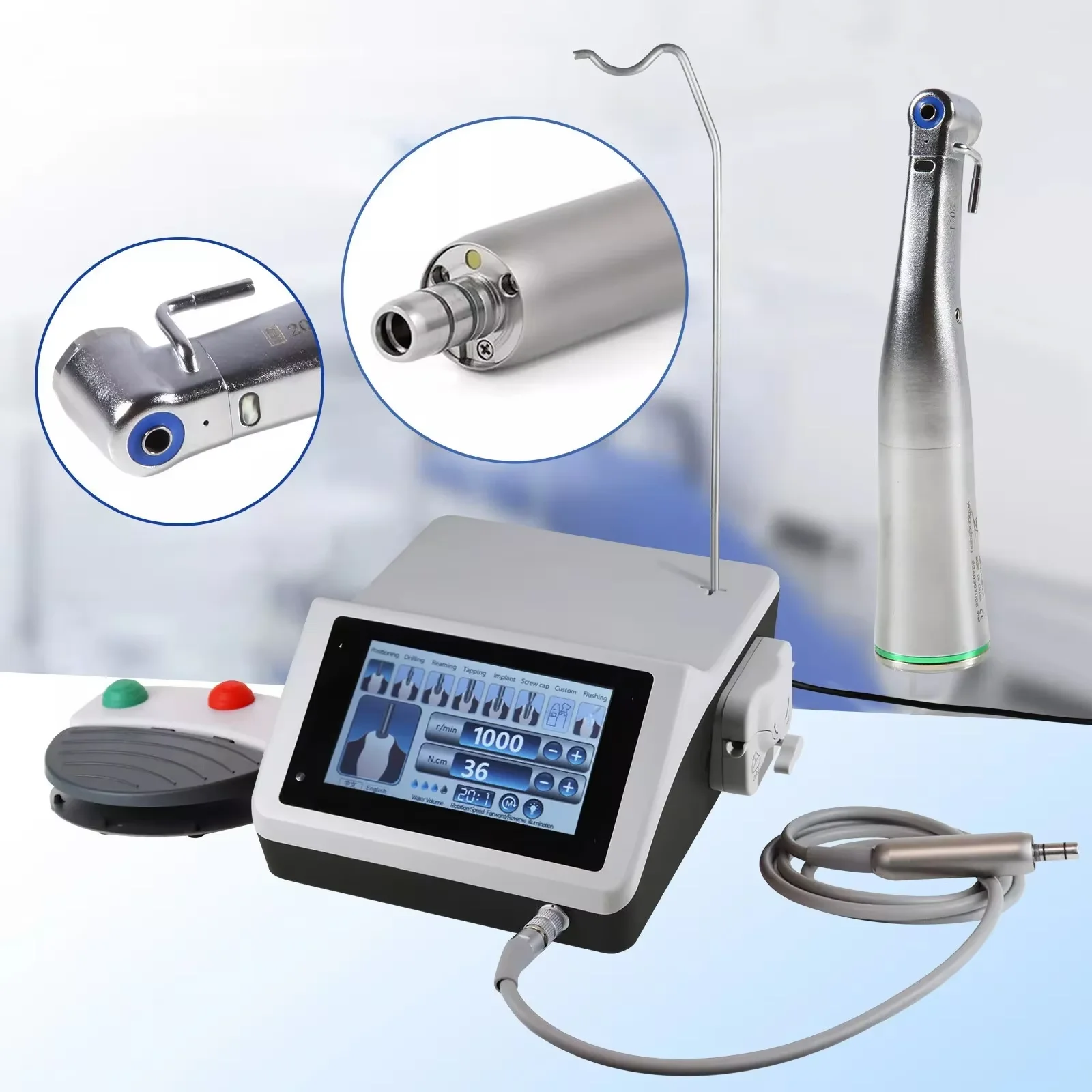 NSK Style Dental Implant Motor System Surgical Brushless Touch Screen +20:1 Fiber Optic Led Implant Contra Angle Handpiece