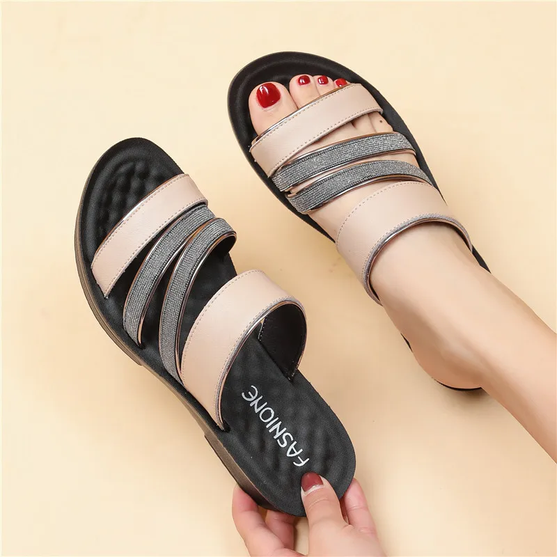 Shoes Woman Summer Sandals Women Leather Flat Comfortable Footwear Beach Slippers Women\'s Wedge Shoes 2022 Mother Shoes