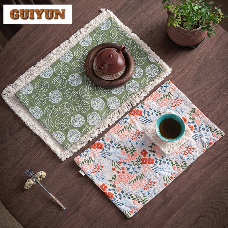 Handmade Embroidered Flower Fields And Leaves Tea Table Mats Elegant Drink Coaster Dinner Table Cloth Mat Tea Ceremony Ornaments