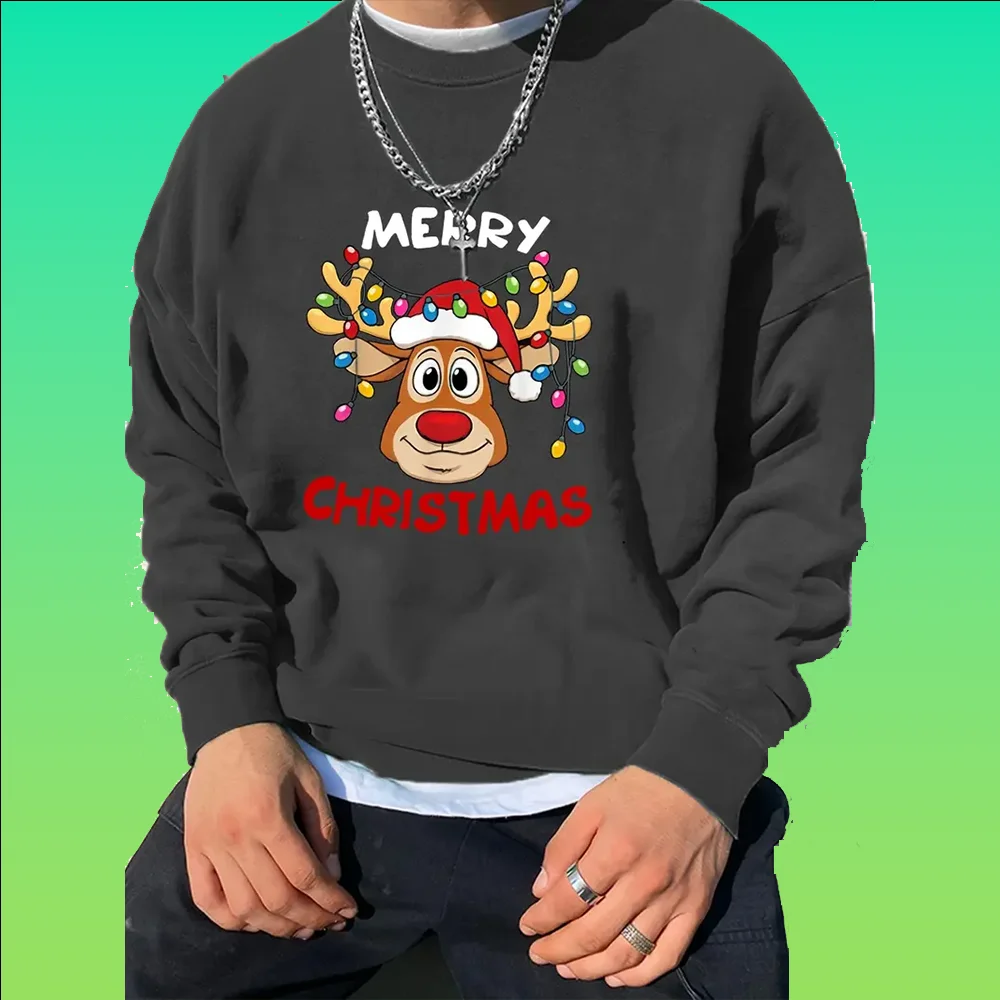 Fashionable men\'s casual Christmas reindeer print long sleeve crew neck sweatshirt, suitable for outdoor sports autumn and winte
