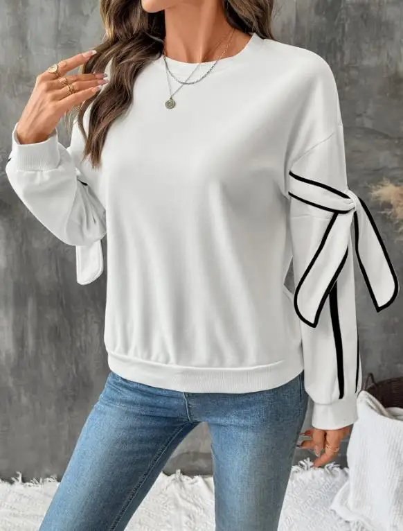 

Autumn New Round Neck Fashionable Color Blocked Bow Tie Patchwork Sleeve T-Shirt Top for Women's Casual Simple Long Sleeved Top